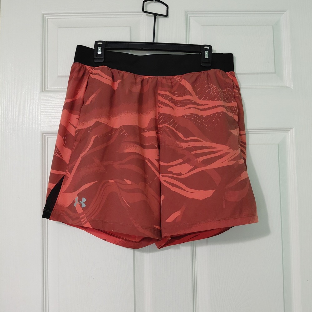 Under Armour Speedpocket Mens 7" Running Shorts Red Orange Abstract LG 1371001